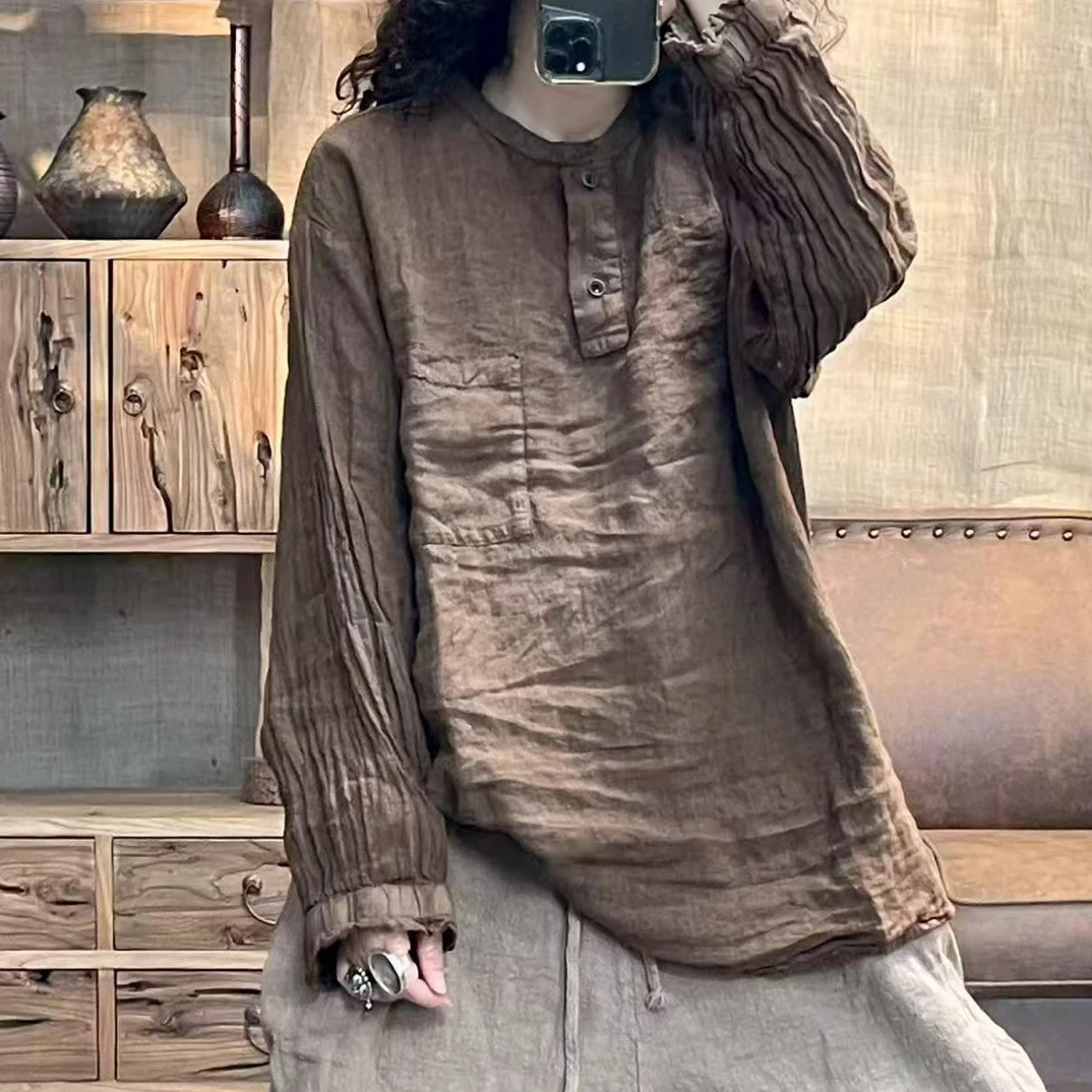 秋季亚麻炒色做旧半开扣女装休闲上衣(长73胸围124)