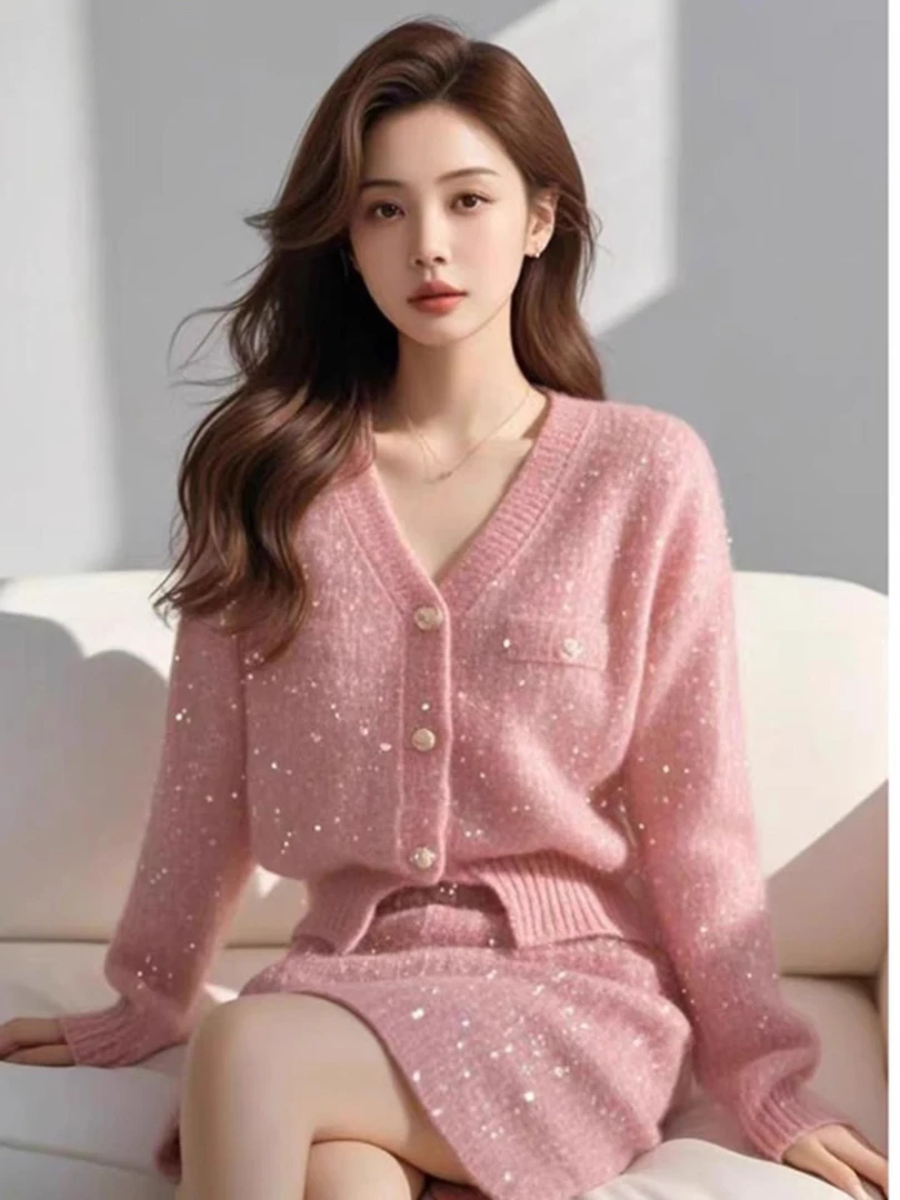 小香风气质亮片针织上衣半裙2025春秋新款小个子新年套装绝美女装