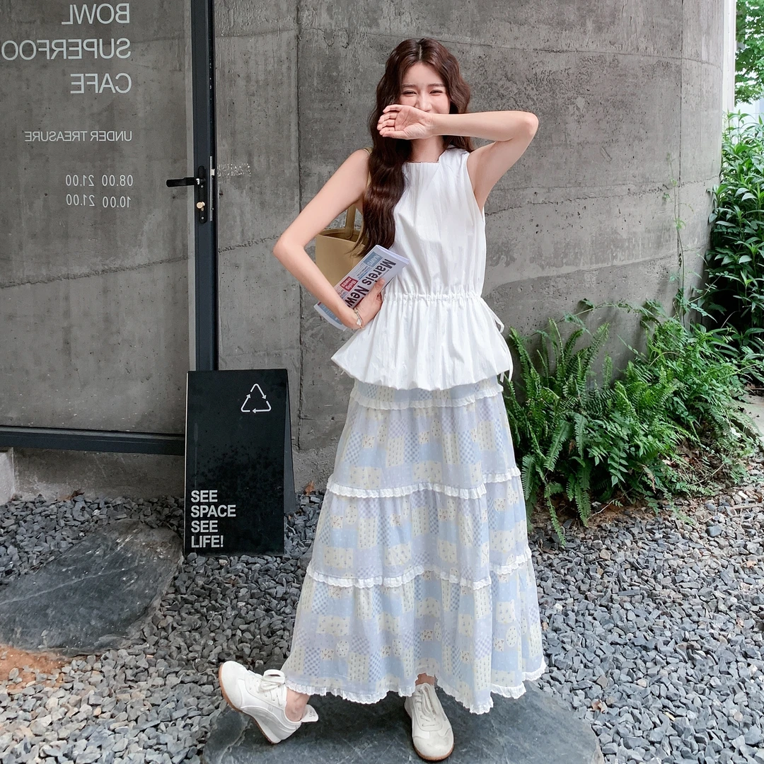韩系甜美穿搭套装裙女2025夏季气质收腰上衣蕾丝花边半身裙两件套