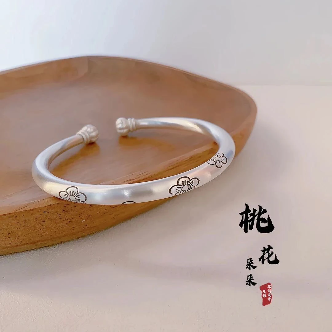 足银手镯S54多福南瓜9999纯银复古梅花开口足银贵妃镯