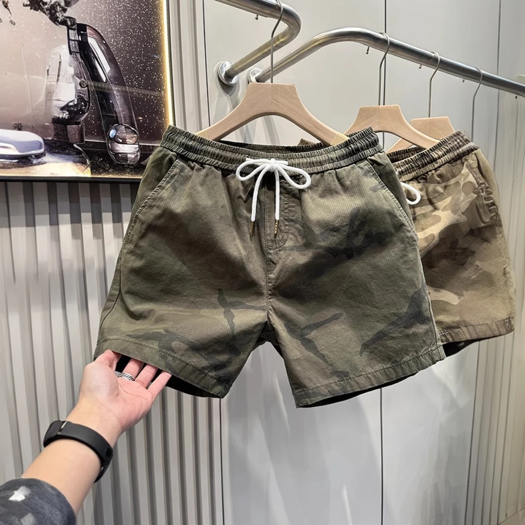 夏季休闲34分迷彩短裤弹力松紧腰中裤男士宽松三分四分潮流裤子