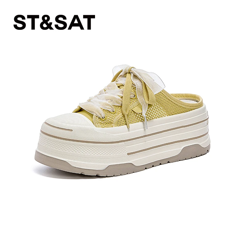 星期六透气网面包头半拖鞋女2025新款小个子增高百搭双系带松糕鞋