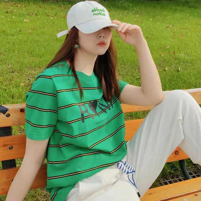 24904【琲系列】绿色条纹圆领T恤B2ST22011