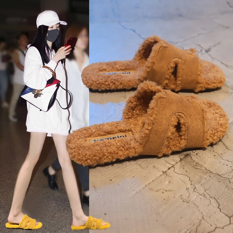 网红平底毛毛拖鞋女外穿2025新款秋冬季超火毛茸茸软底一字棉拖鞋