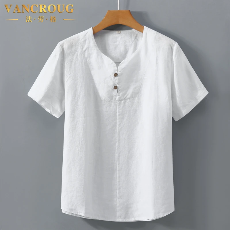 VANCROUG/法劳格短袖T恤男士夏季新中式白色透气舒适纯色休闲上衣