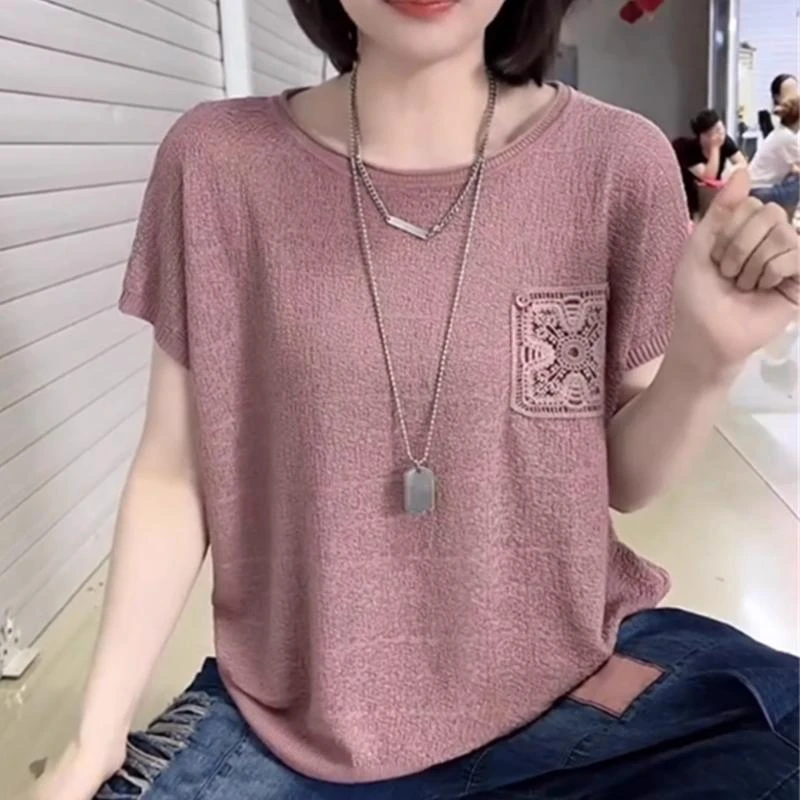 短袖t恤女2025夏季新款女士装盘花纽扣口袋纯色宽松圆领洋气上衣