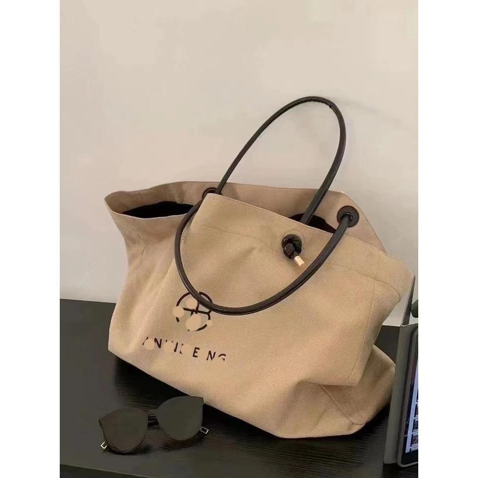 百搭休闲字母印花大容量托特包度假棉麻帆布包单肩包手提包小众