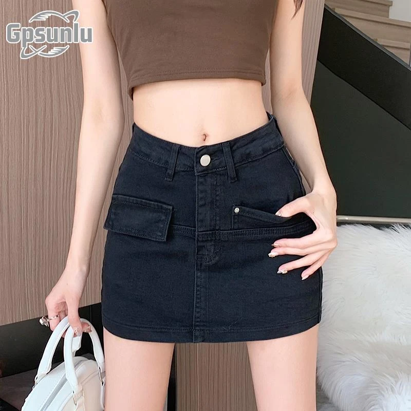 gpsunlu防走光短黑色包臀牛仔裙春夏新款高腰百搭显瘦辣妹半身裙