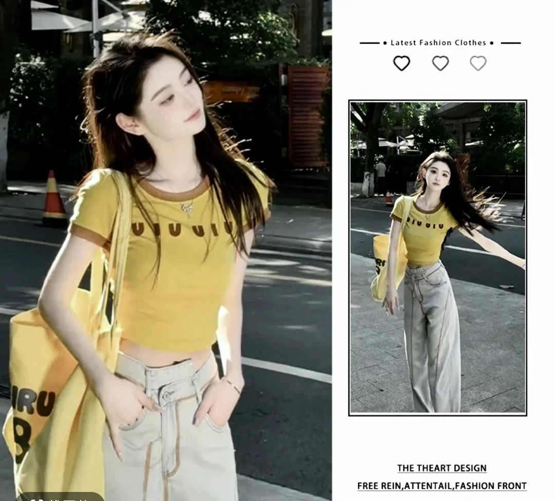 撞色圆领字母正肩T恤设计感休闲上衣