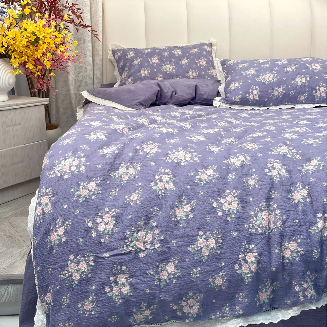 四季款有氧双层云感纱被套款四件套裸睡亲肤小清新印花床上用品