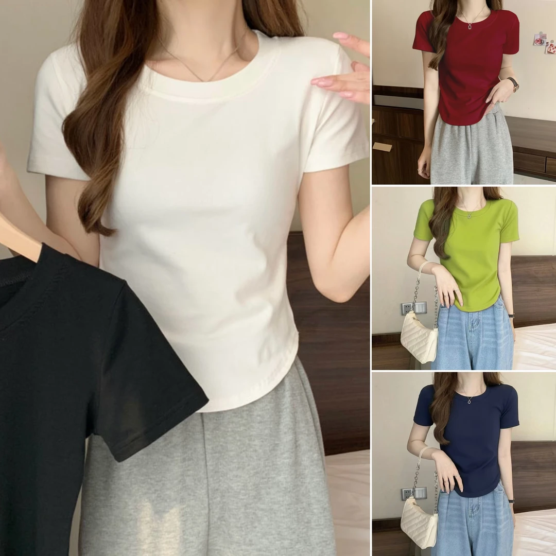 【12个色】圆领短袖T恤女夏季百搭正肩半袖修身显瘦设计感不规则t恤