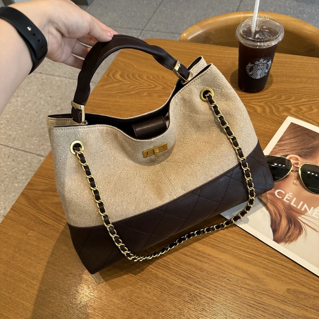 Moment Hous小众设计极简韩版亚麻帆布配皮素面休闲链条托特包