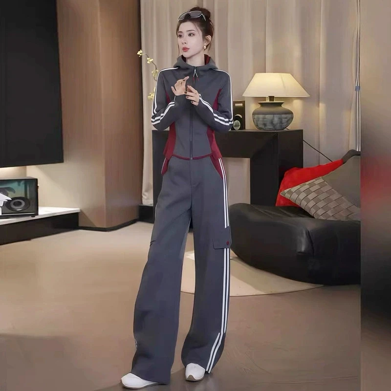 休闲运动套装女秋季2025新款爆款拼接收腰连帽卫衣阔腿裤两件套潮