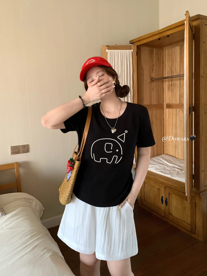 现货8786X大婉酱肉肉微胖定制【珍珠小象T】罗纹钉珠印花休闲上衣