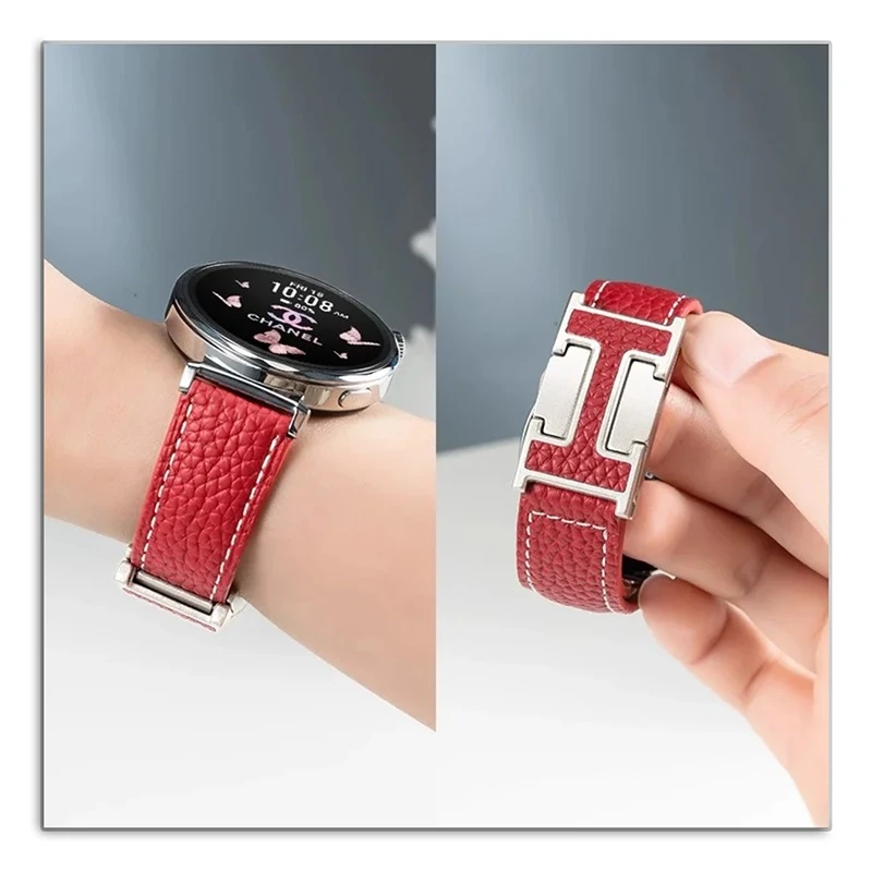 适用于华为GT5/4Watch3系列手表真皮质荔枝纹双磁吸H扣表带小米S4