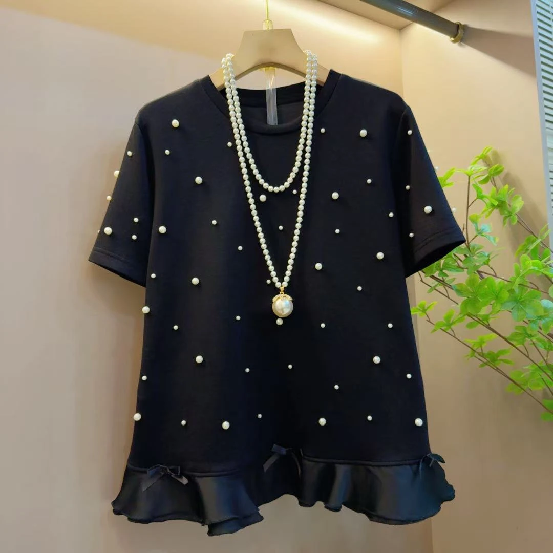 2025春夏新款大码荷叶边拼接圆领重工钉珠短袖上衣（长60左右）