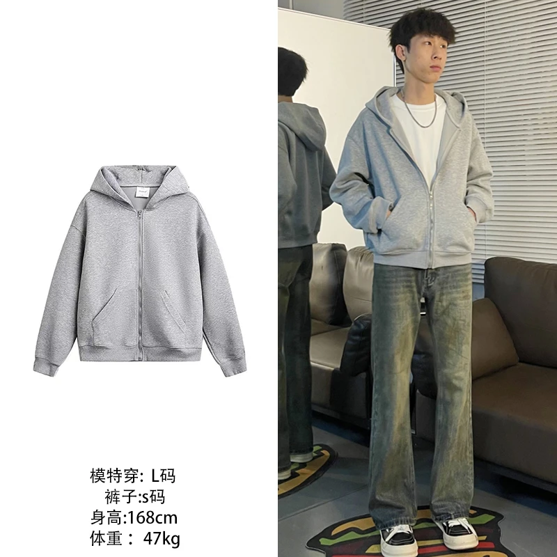 邱XG【短宽cleanfit简约开衫卫衣】美式潮牌拉链高街情侣款连帽上衣