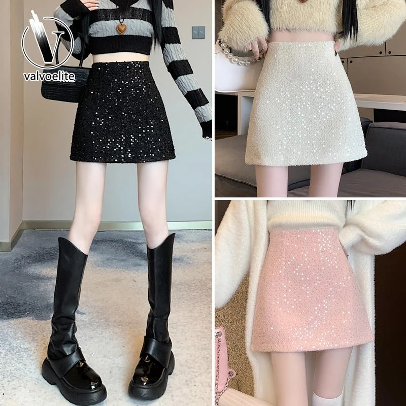 VALVOELITE小香风亮片毛呢半身裙女2025春新款高腰显瘦字包臀短裙