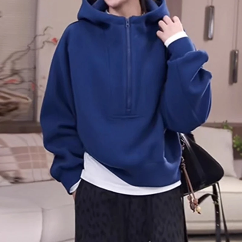 欧货时尚半拉链连帽卫衣潮2025秋季胖MM慵懒宽松百搭休闲帽衫上衣