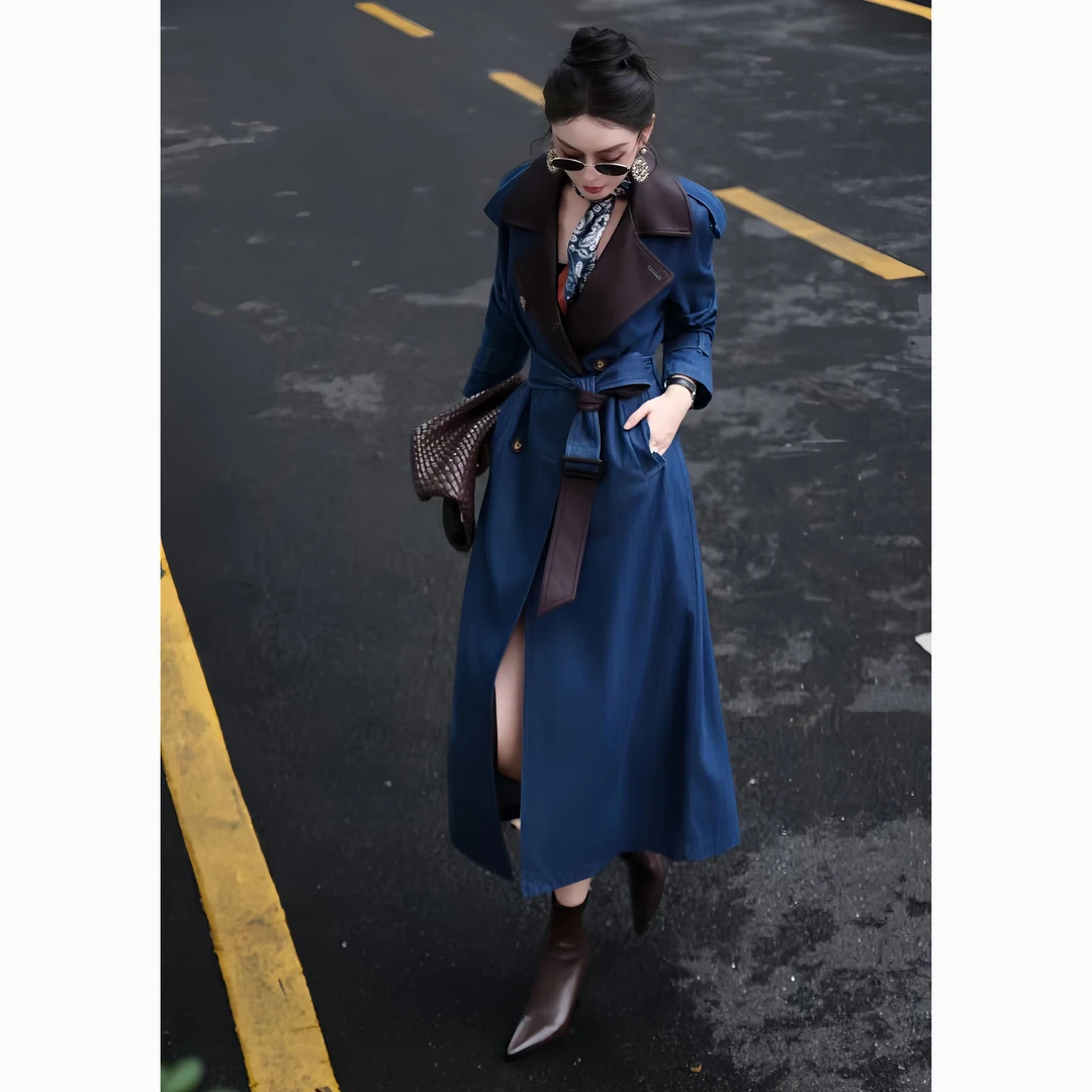 ZEROYK今年流行重磅牛仔蓝色长款风衣外套高级感轻熟职业通勤大衣