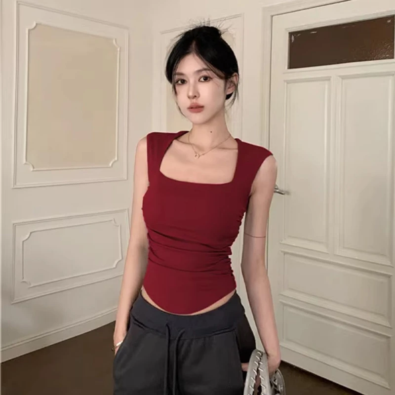 酒红色辣妹方领内搭女夏收腰带挂脖胸垫无袖t恤修身短款上衣
