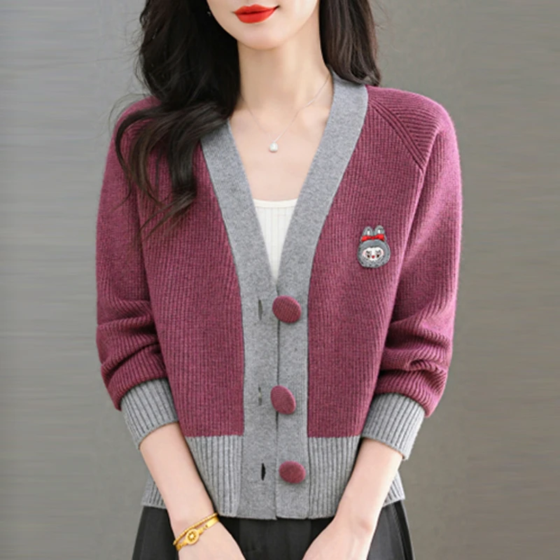 设计感小个子撞色毛衣外套羊毛针织开衫女士短款V领时尚洋气减龄