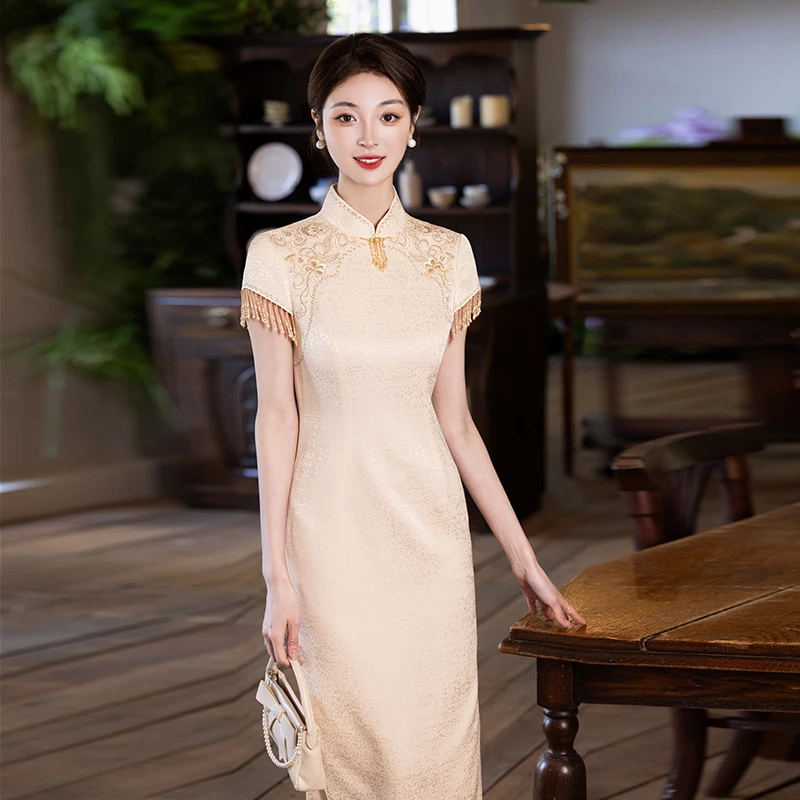 香槟色旗袍女新款春夏结婚醋酸敬酒服高级感喜婆婆妈妈婚宴装礼服