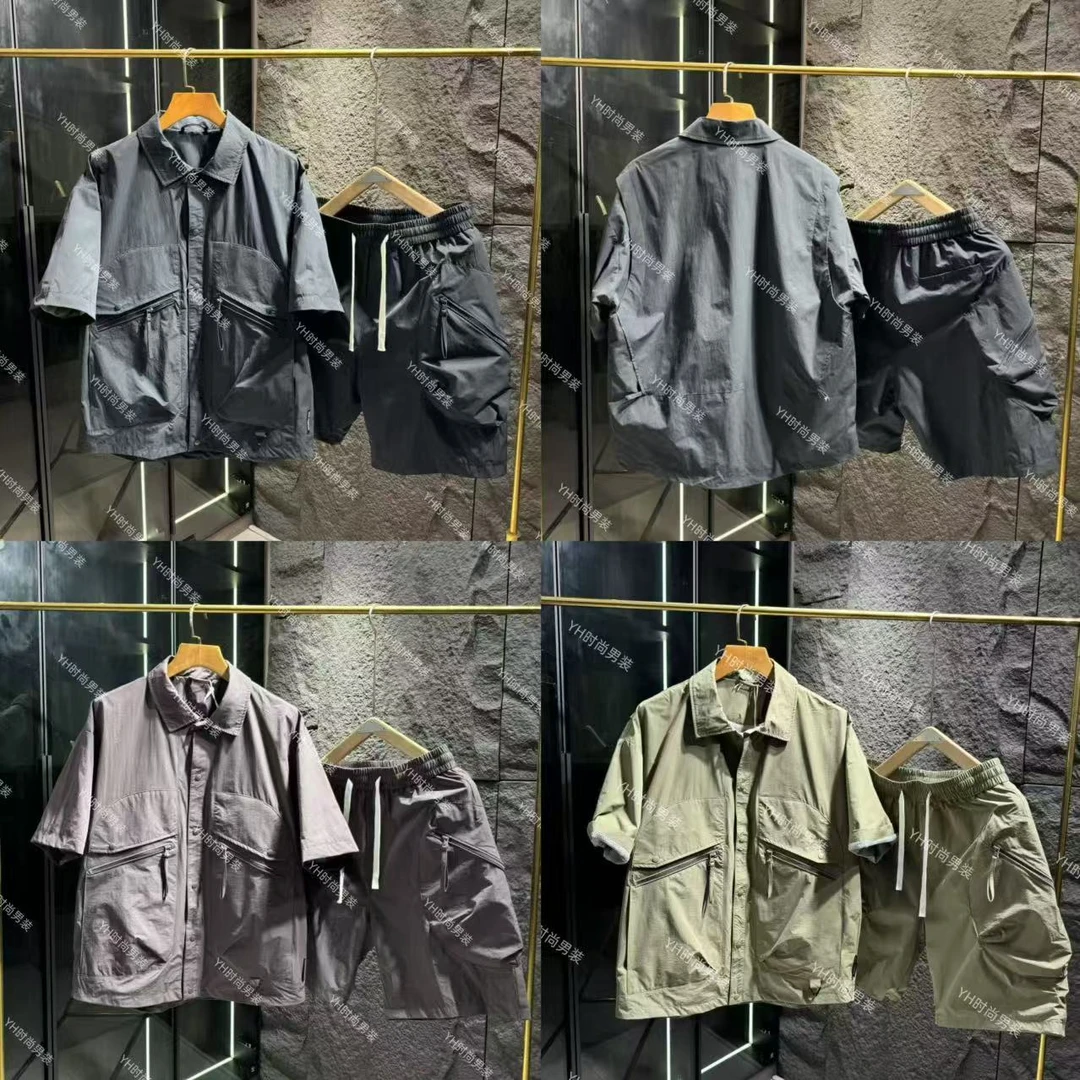 夏季新款时尚潮流男士工装两件套休闲宽松百搭设计感翻领短袖套装