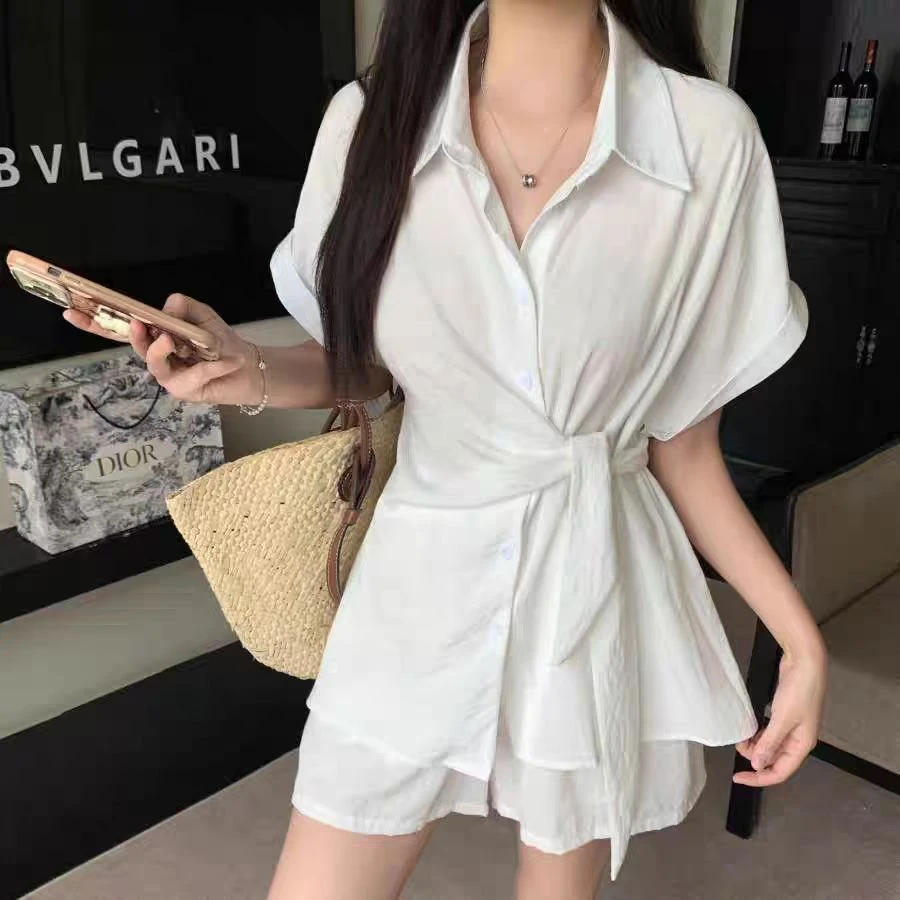 夏季新款显瘦遮肉设计感系带收腰短袖衬衫短裤两件套装女-178