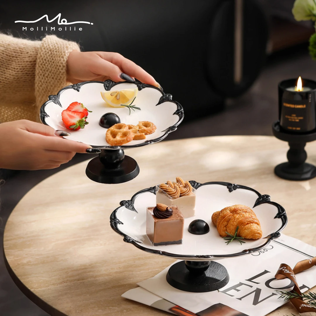 莫里乐园法式浮雕陶瓷双层高脚水果盘客厅家用糖果盘茶几高档大气