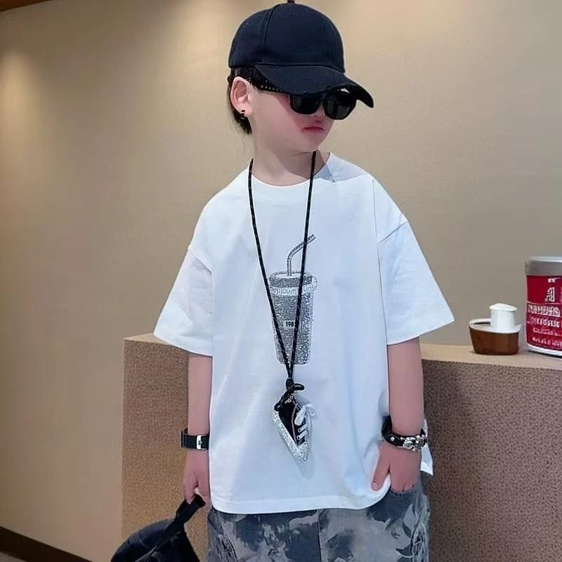 童装夏季韩版新款烫钻男童女童休闲上衣T恤