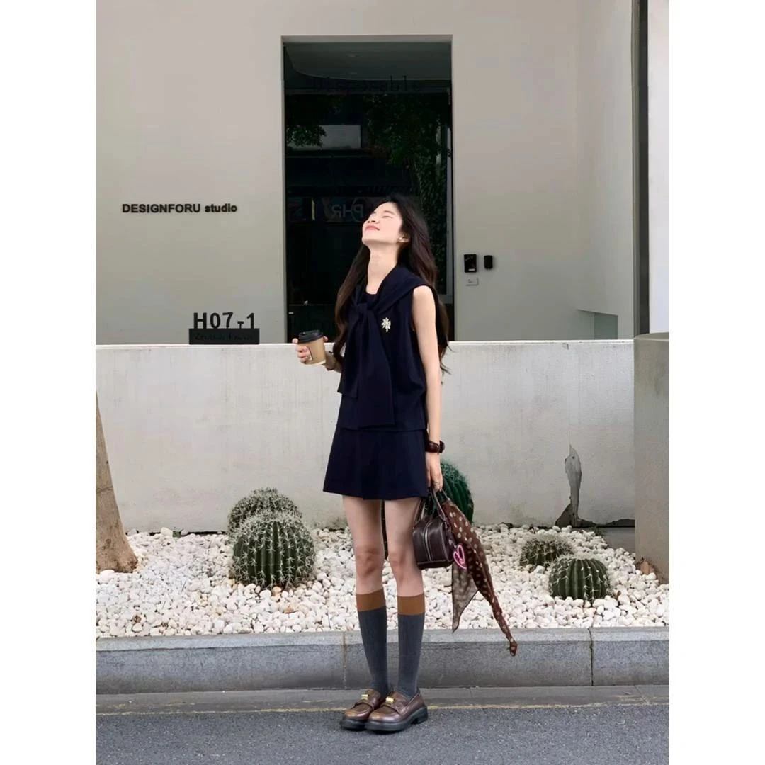夏季新款法式休闲气质披肩无袖背心上衣高腰半身短裙子套装黑色
