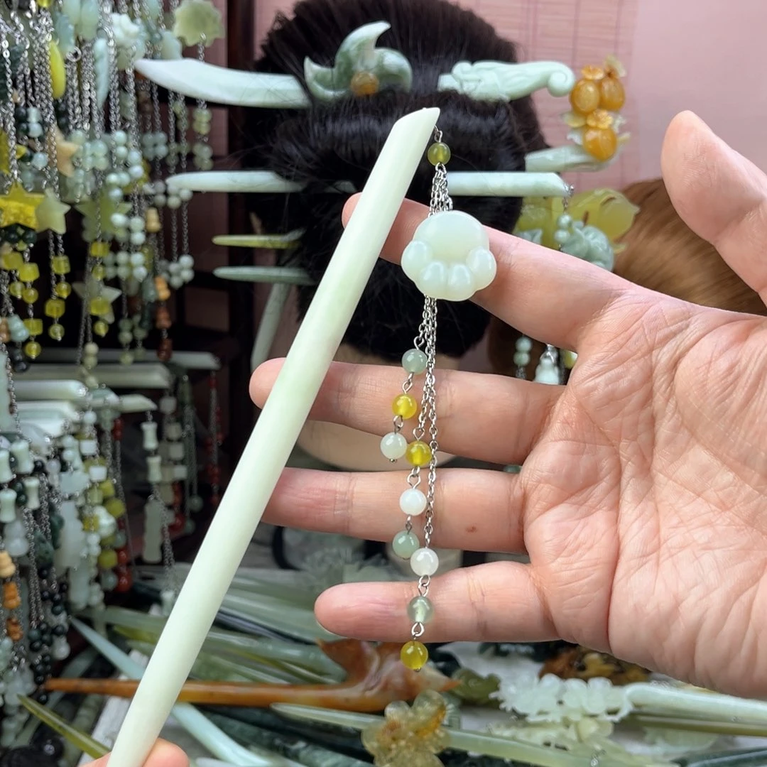 蛇纹石玉发饰未镶嵌长度19.5厘米左右