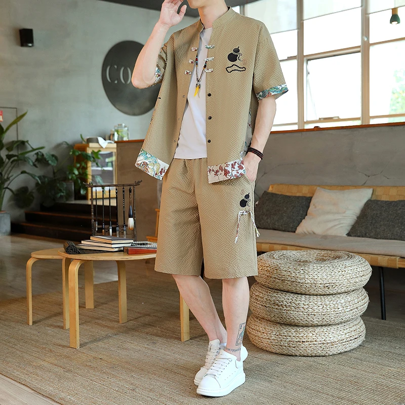 夏季新款男士中国风短袖套装国潮复古中式T恤短裤休闲宽松两件套