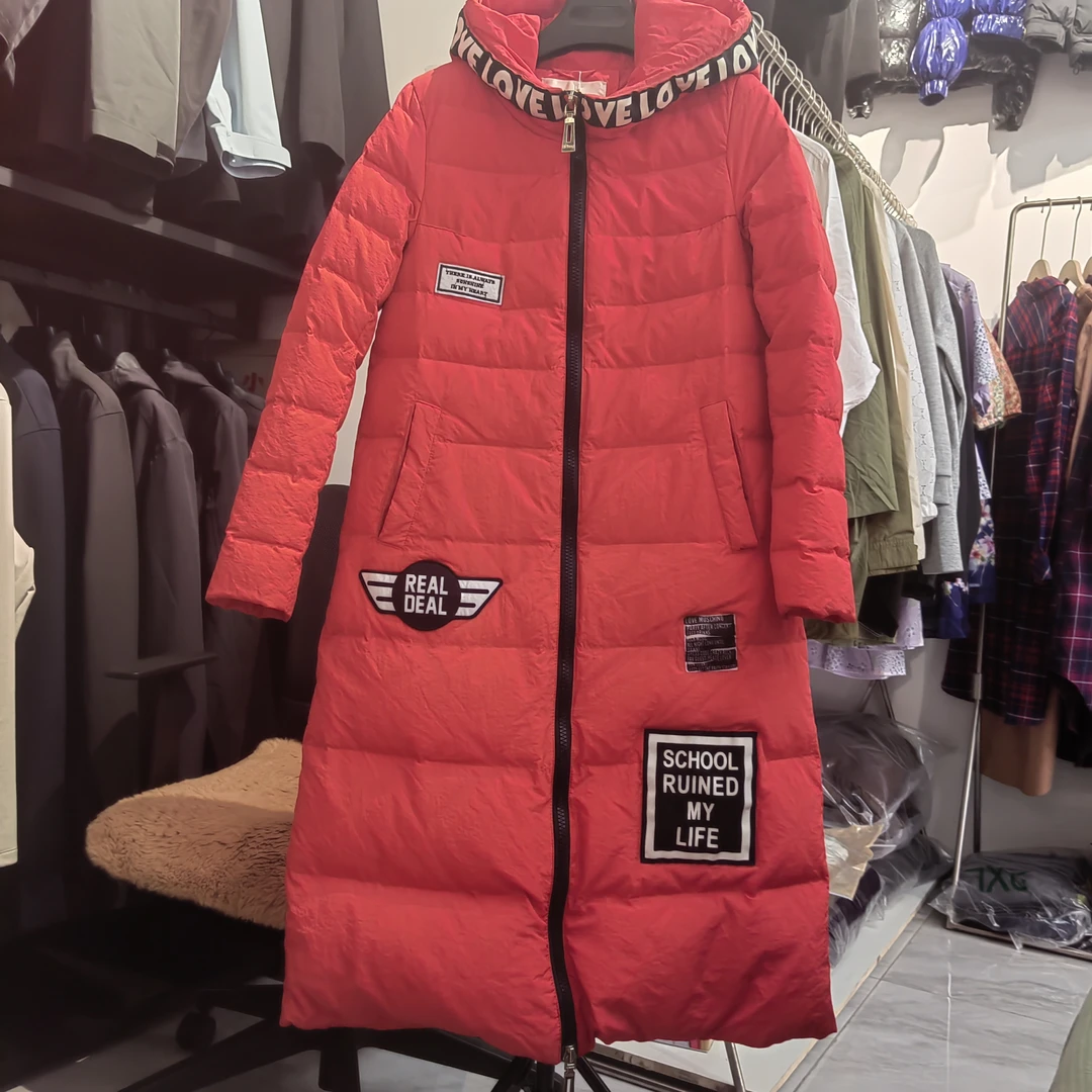 长款连帽羽绒服中长款加厚过膝红色女款