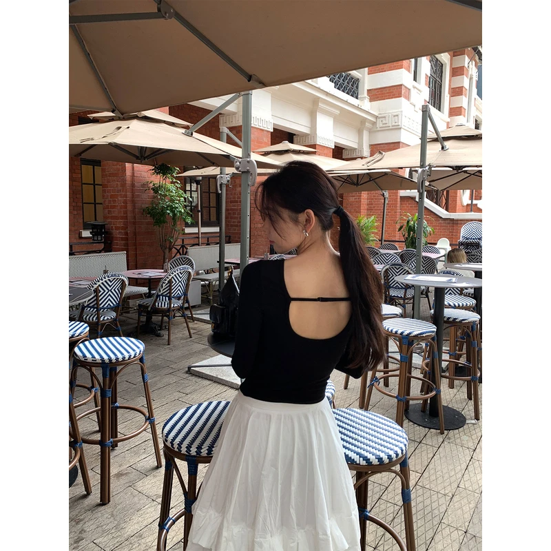 左边女装露背长袖体恤上衣2025春季新款修身T恤打底衫