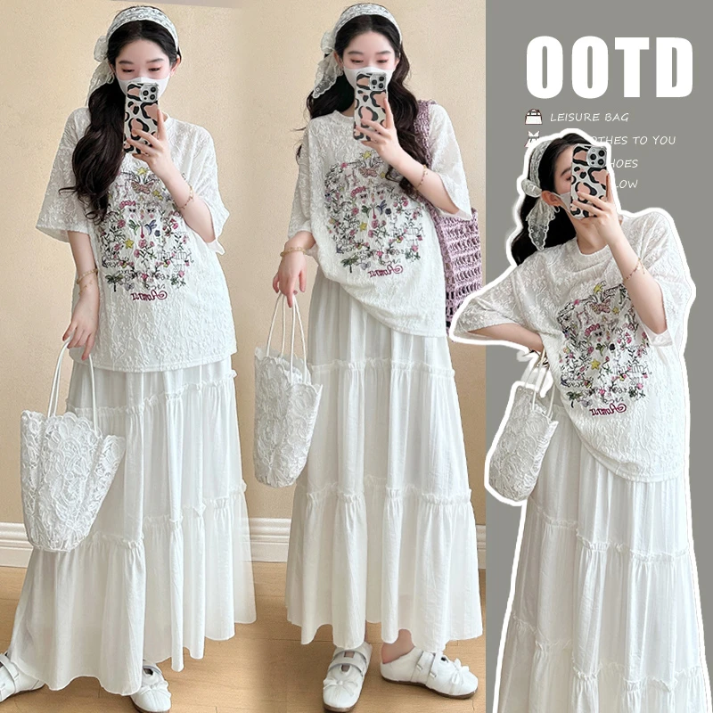 孕妇套装2025夏季新品韩版蕾丝印花上衣+猪鼻扣半身裙孕妇套装