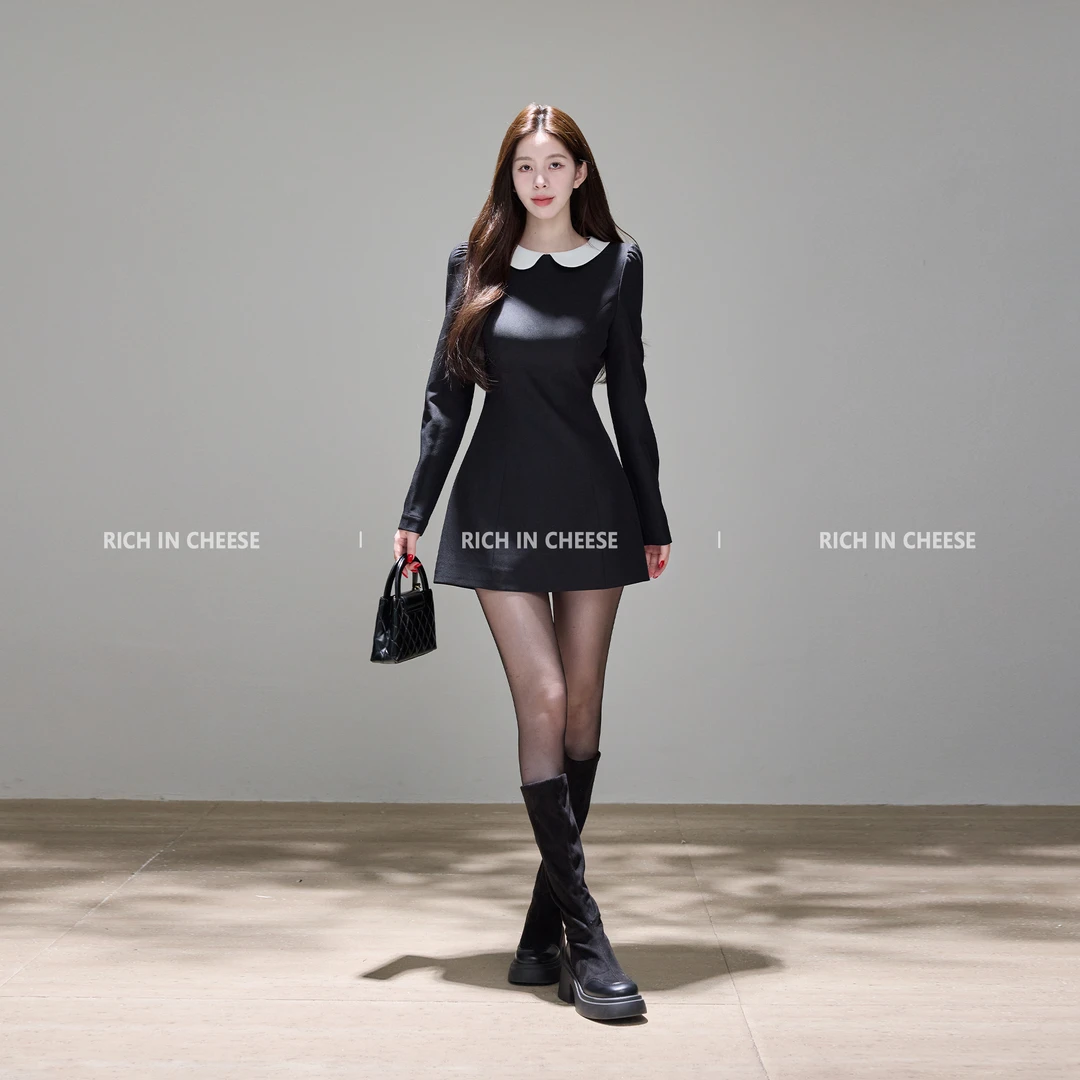 舒胡蕾 千金淑女 秋冬设计感撞色娃娃领韩系气质A字收腰连衣裙