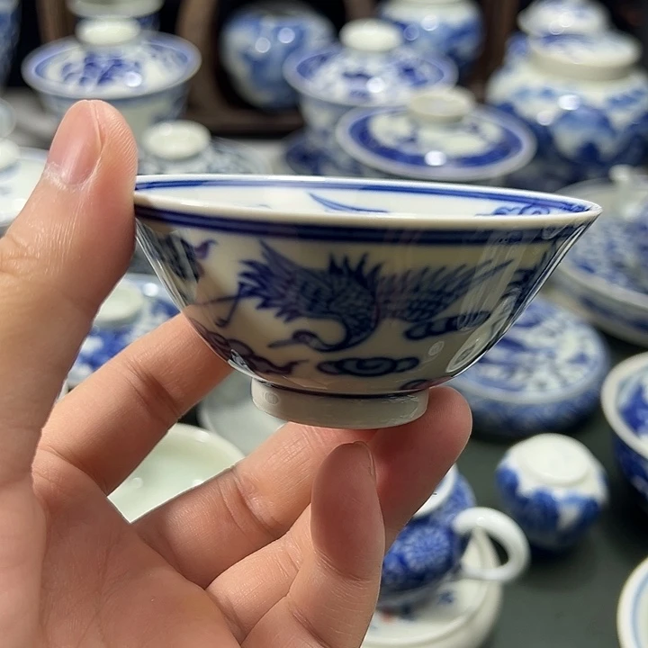 柴窑工笔仙鹤祥云斗笠碗
