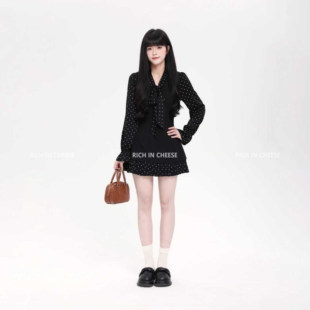 【清清】RICHINCHEESE 克洛伊少女 秋冬假两件波点系带收腰连衣裙