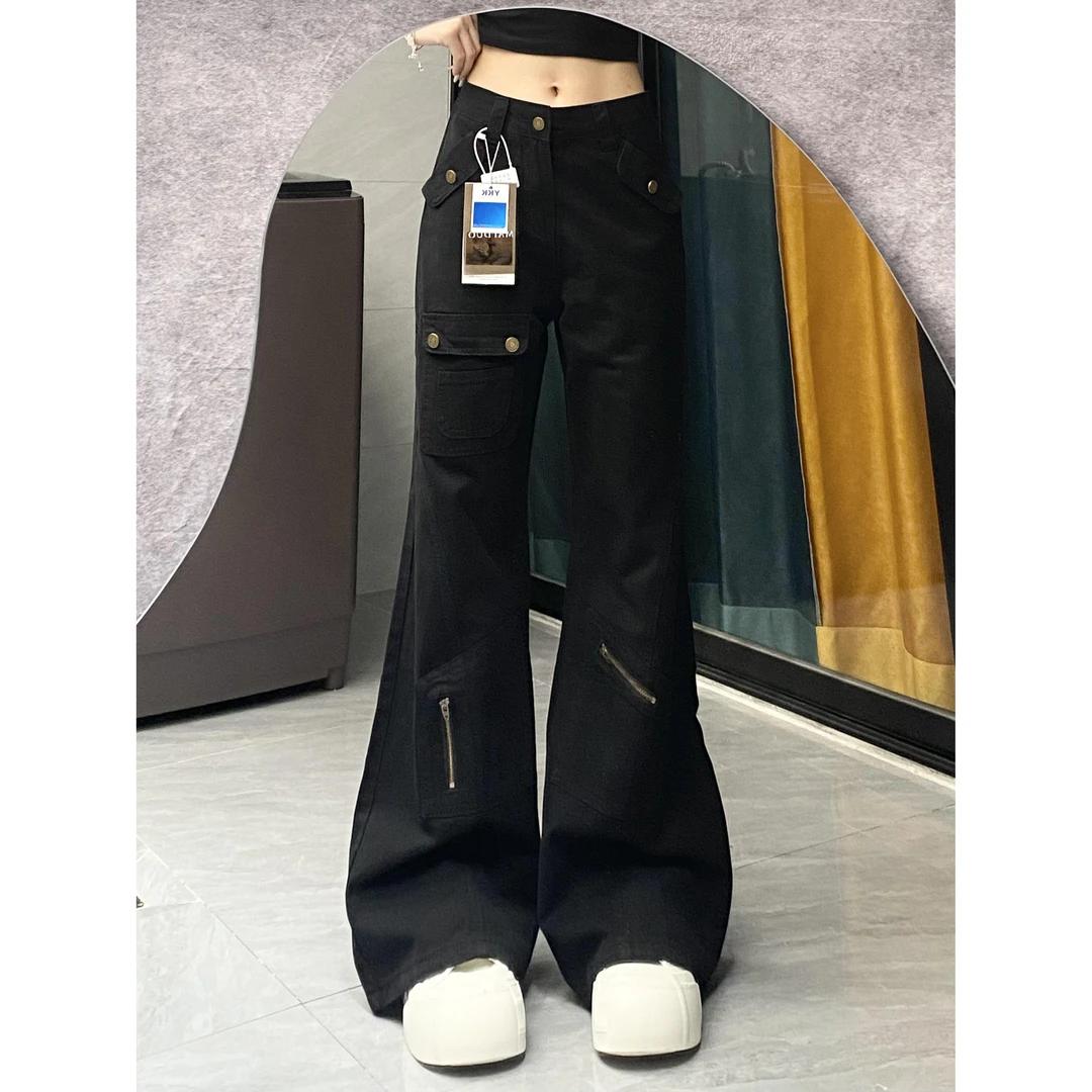 微胖mm低腰微喇显瘦牛仔裤女2025夏季新款多口袋设计感百搭工装裤