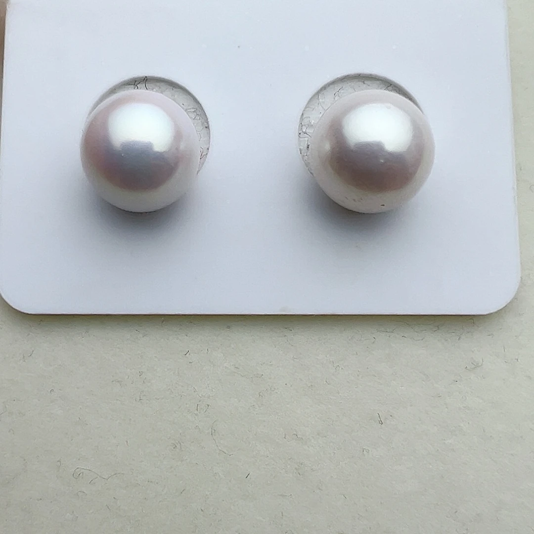 淡水珍珠耳饰银S925镶嵌小*乐定制10-11mm白透粉微瑕