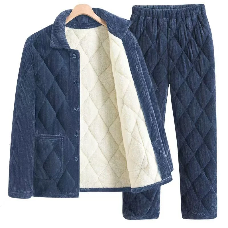 冬季男士三层夹棉爸爸睡衣加绒加厚棉服套装法兰绒保暖家居服