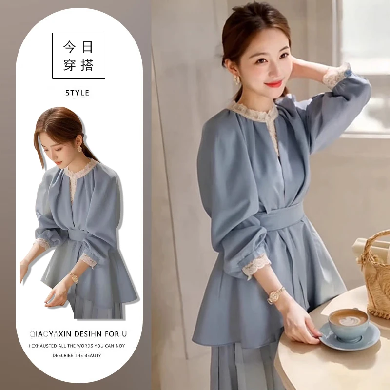 盐系轻熟一整套2025春秋新款蕾丝花边收腰雪纺上衣半身裙气质套装