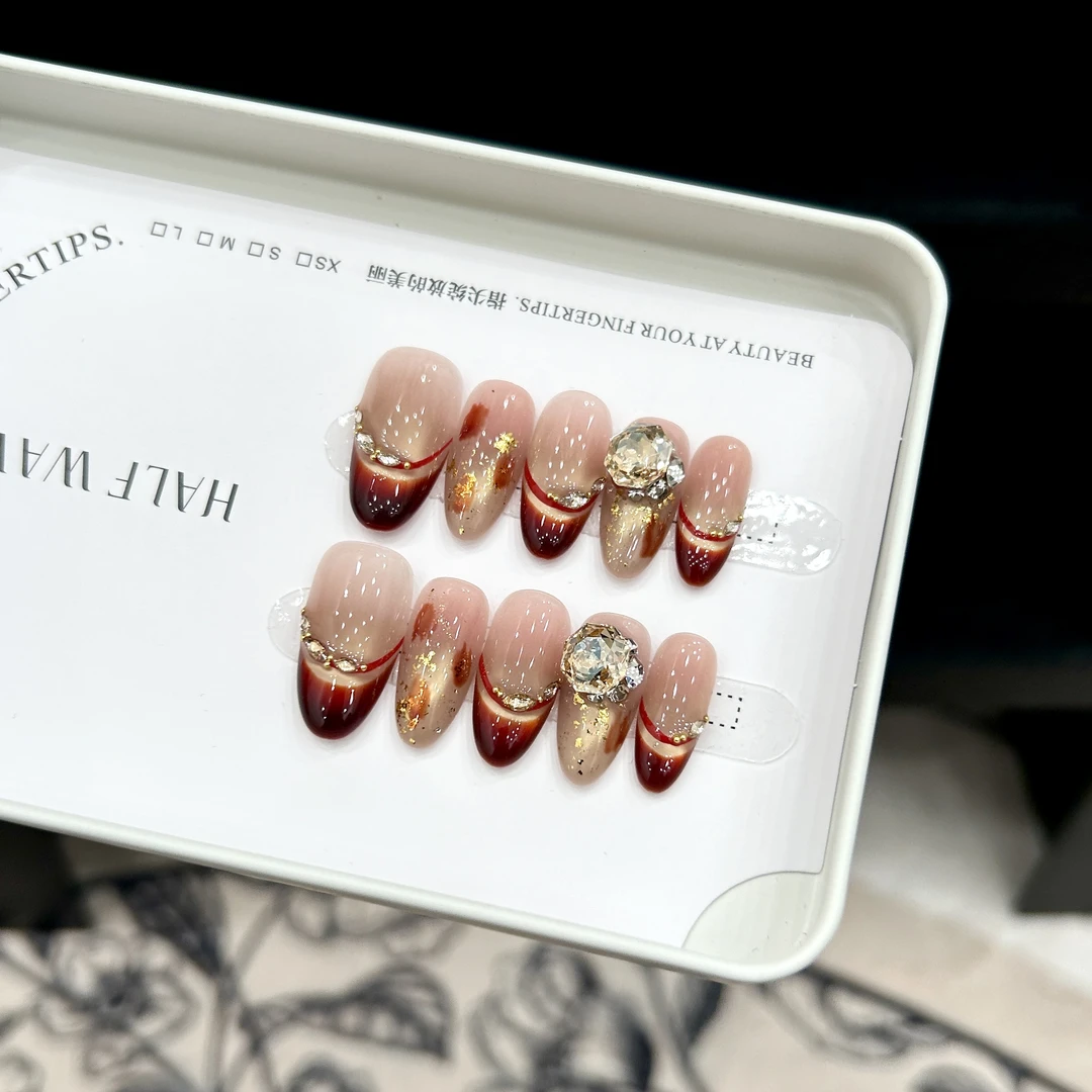 【华尔兹】蓝珊手工穿戴甲酒红法式香槟琥珀渐变玫瑰切闪钻显白气质