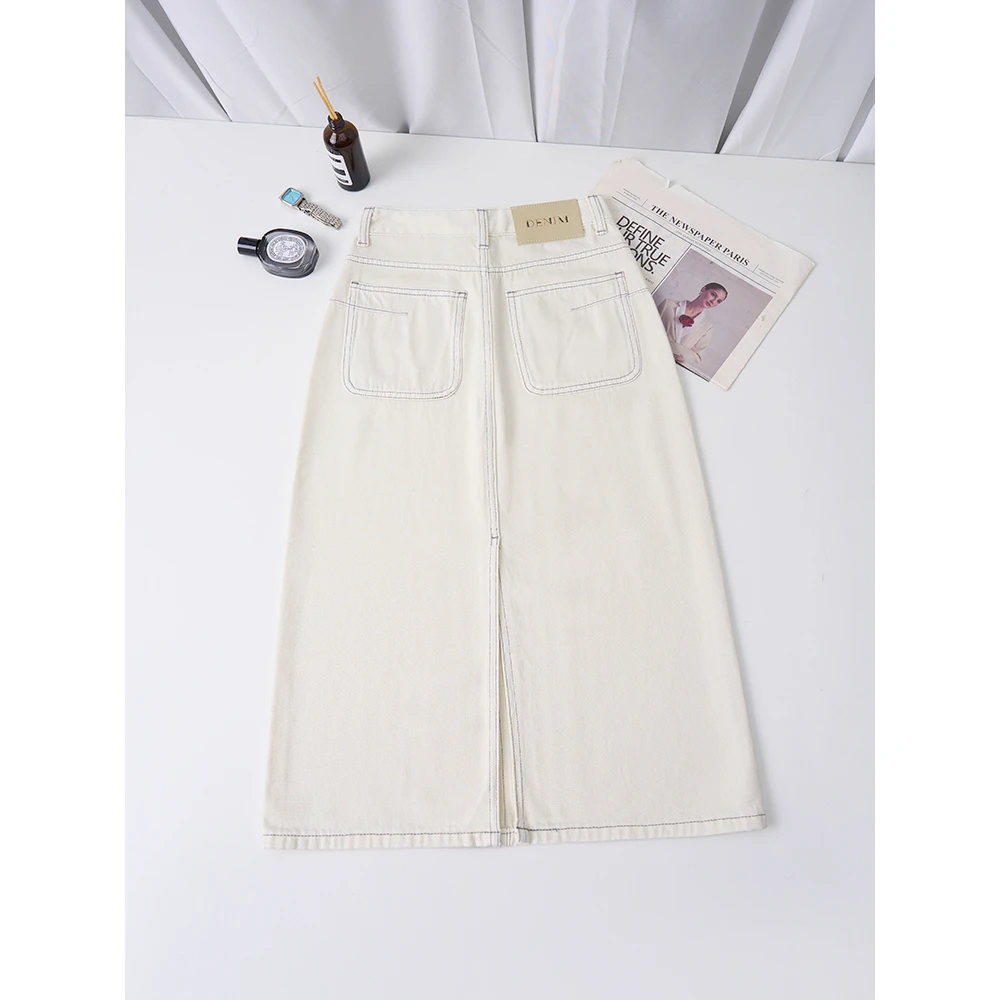 missrococo/洛可可小姐2025夏季新款中高腰莱赛尔杏白色牛仔裙女