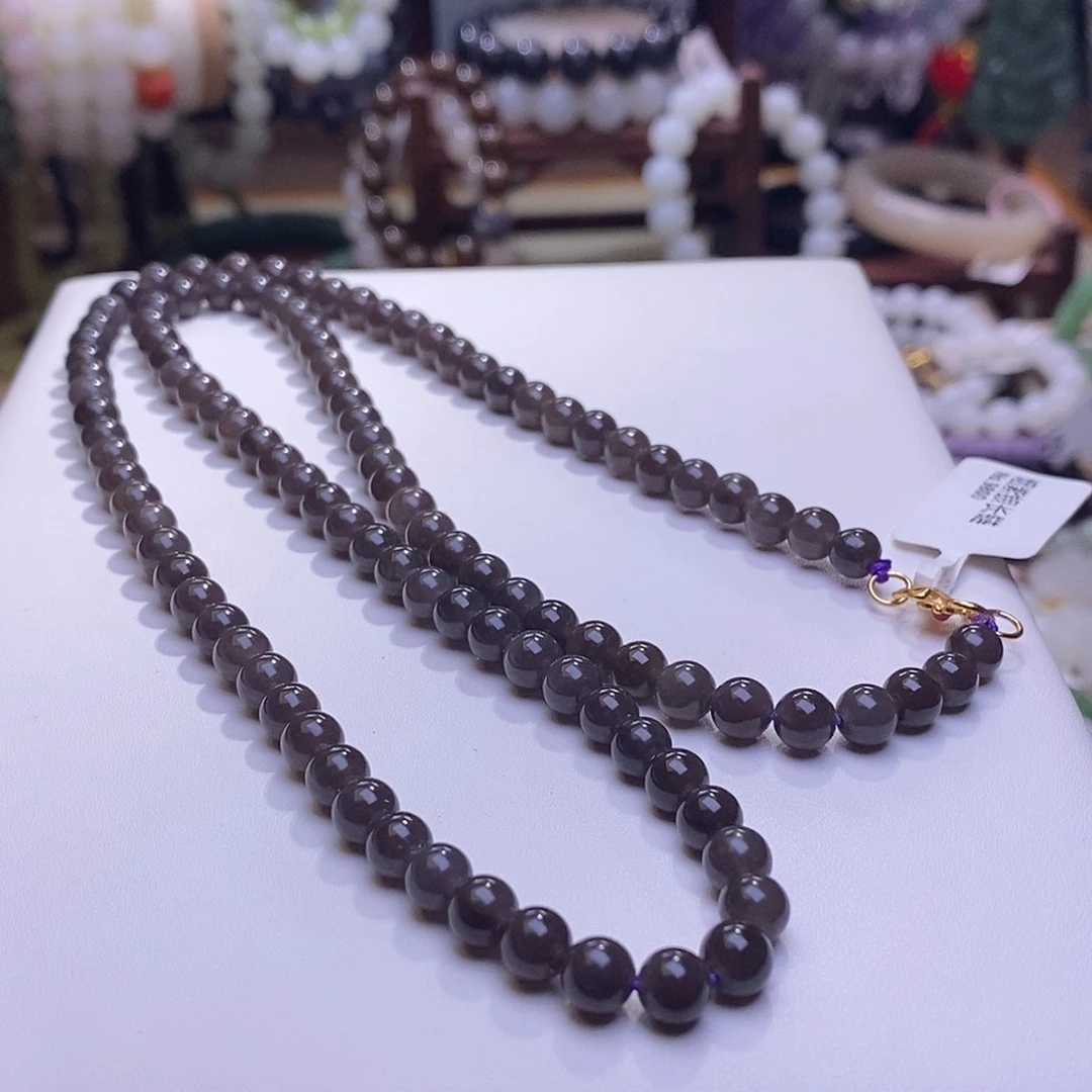 颈饰未镶嵌和田玉收藏级烟紫老矿料高冰帝王紫珠链6m