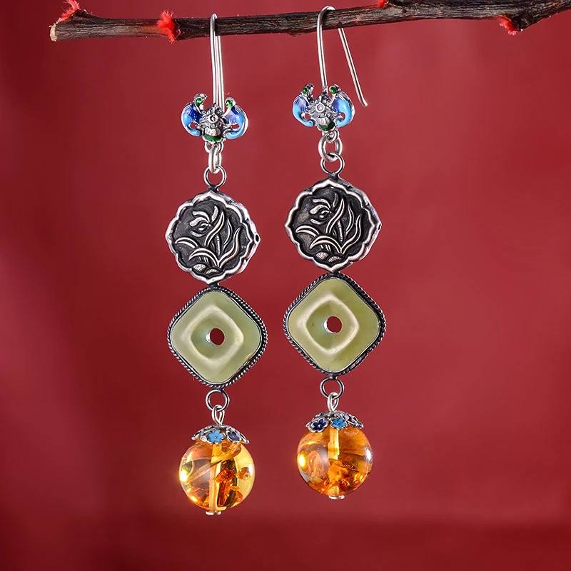 925银耳饰 陌上花  古风耳坠 复古大气民族风古典耳饰烧蓝镶嵌