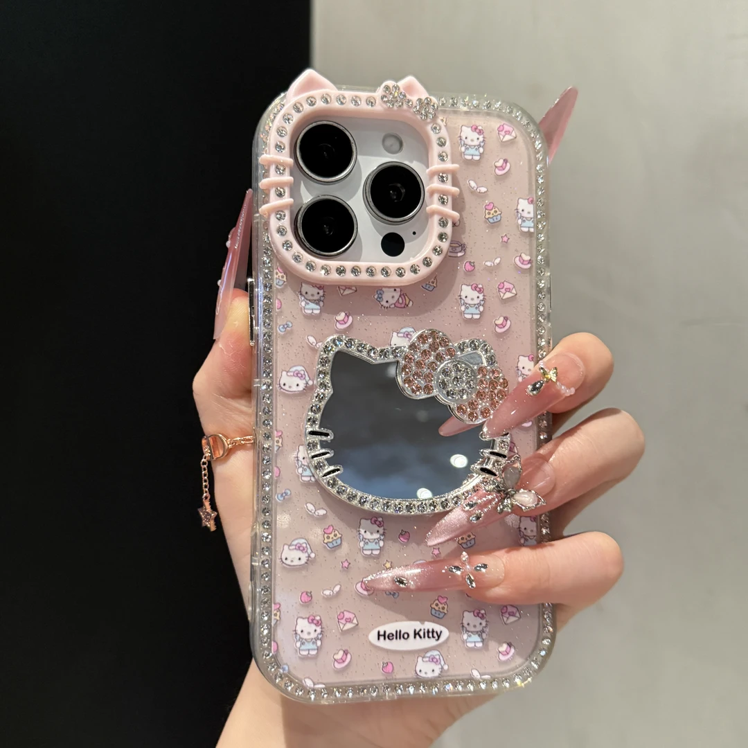 ins高颜值镶钻KT猫镜子闪粉适用苹果16promax手机壳15promax新款