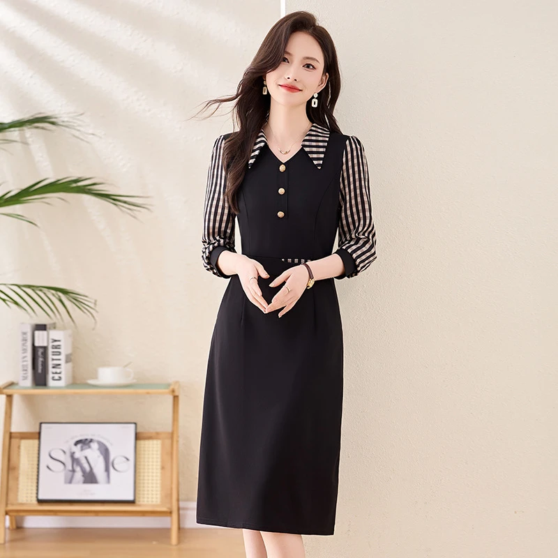 2025春季新款女装时尚洋气翻领拼接胖MM收腰显瘦格纹连衣裙LX256